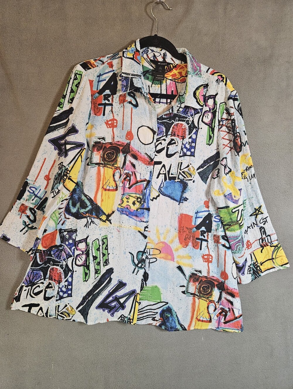 Ali Miles Womens Large Shirt Artsy Street Artwork Buttons Boho Graffiti Long Sle